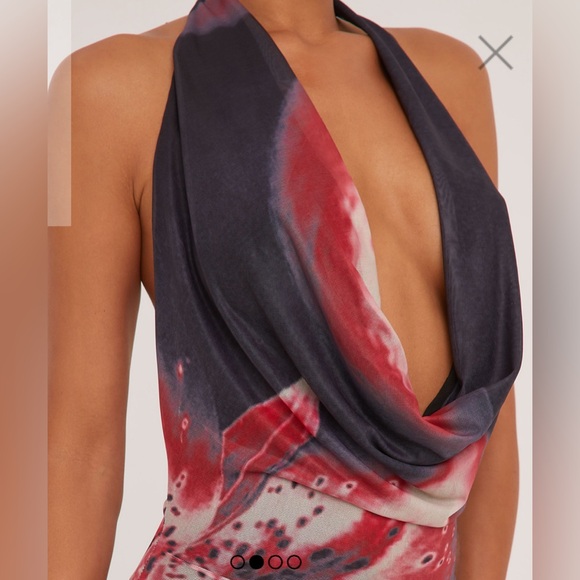 DEEP PLUNGE COWL NECK MAXI DRESS IN BLACK FLORAL PRINT MESH - Picture 4 of 4